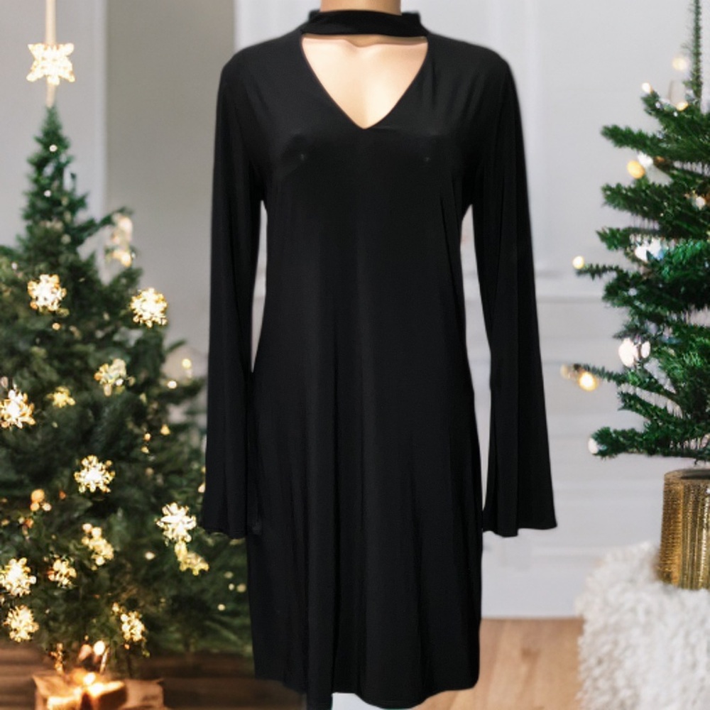 Laundry by Shelli Segal Black Choker Neck Jersey Long Sleeve Sheath Dress S